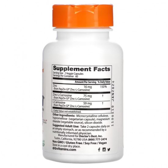 Doctor's Best  PepZin GI 鋅-L-肌肽複合物 120 粒 膠囊 純素